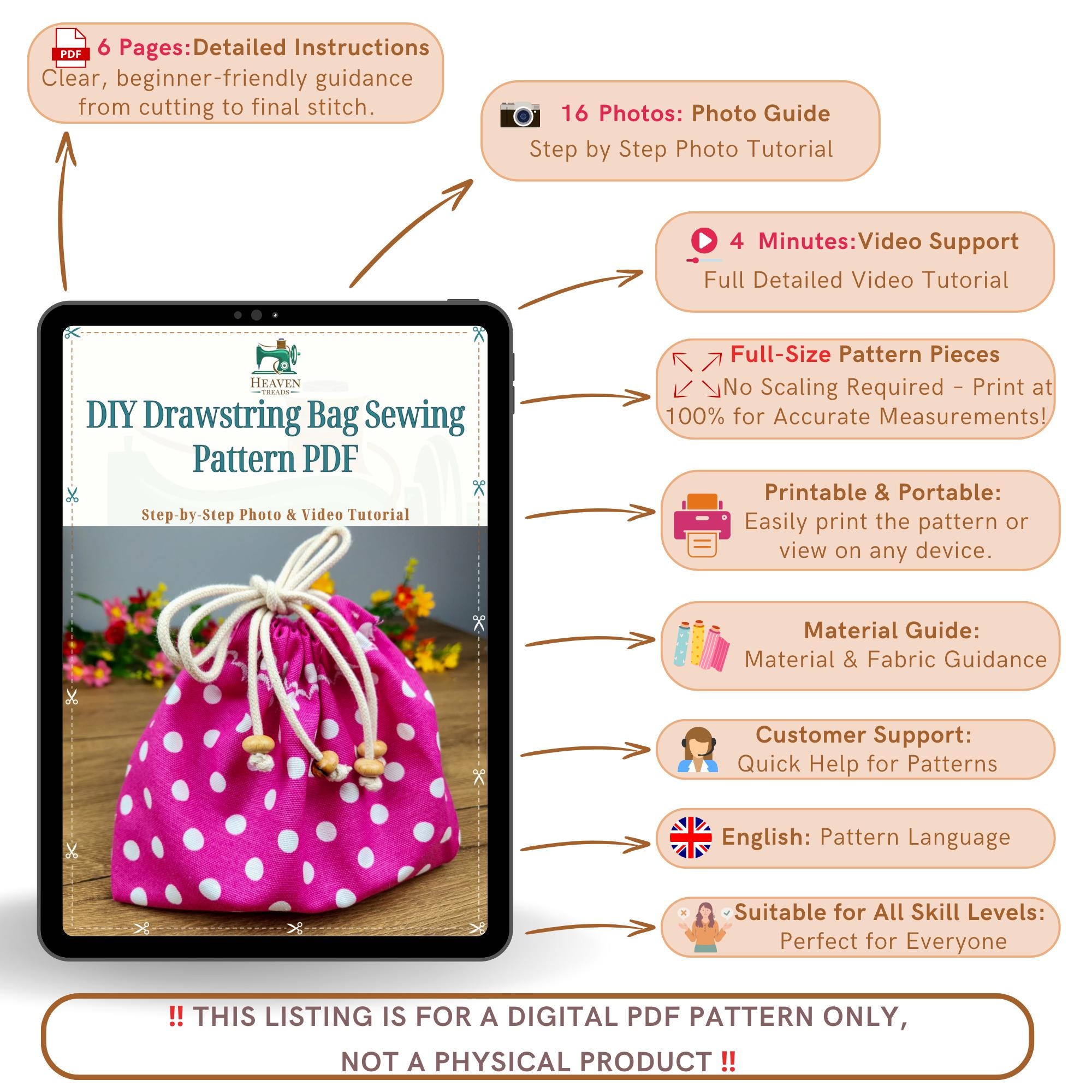 DIY Drawstring Bag Sewing Pattern PDF, Reusable Handmade Travel Makeup ...