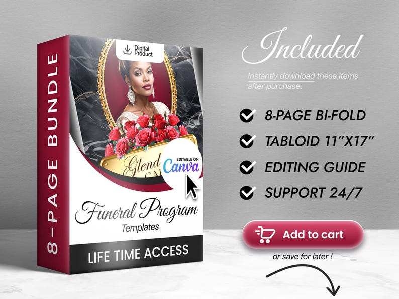 Red Roses Funeral Program Template, 8page Obituary Booklet