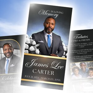May include: Black and white funeral program with a photo of a man in a suit and tie. The program includes the text "In Loving Memory", "James Lee Carter", "July 21, 1974 - March 03, 20XX", "Celebrating the Life & Legacy", and "Tributes: Family & Friends".