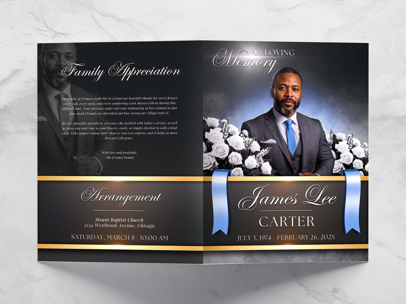 Editable Funeral Program Canva Template – Bifold 4-pages, Obituary