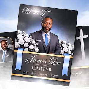 May include: A black and gold funeral announcement with a photo of a man in a suit and tie. The announcement includes the text "In Loving Memory", "James Lee Carter", "July 3, 1974 - February 26, 202X", and "Repost".
