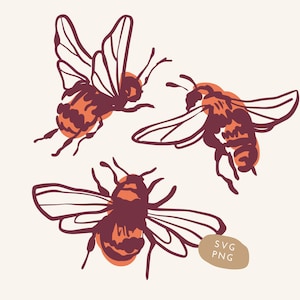 May include: Illustration of three bees in flight. The bees are depicted in a minimalist style with a color palette of burgundy, orange, and cream. The image includes a small tag with the text "SVG PNG".