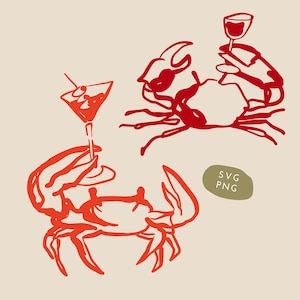 Könnte beinhalten: Rote Strichzeichnung von Krebsen, die Cocktails und Weingläser auf beigem Hintergrund halten. Das Bild enthält einen Martini, ein Weinglas und eine Krabbe mit einem Getränk. Ein grünes Oval mit "SVG PNG" ist ebenfalls vorhanden.