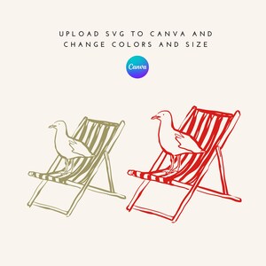 May include: Illustration of two beach chairs with seagulls. One chair is olive green, the other is red. The text at the top says "UPLOAD SVG TO CANVA AND CHANGE COLORS AND SIZE". A Canva logo is in the center.