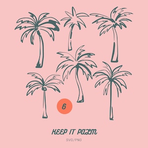 May include: A set of six black and white palm tree illustrations on a pink background. The text "KEEP IT PALM" is written below the illustrations. The number "6" is circled in orange.