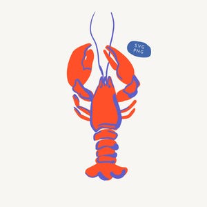 Peut inclure: Illustration d'un homard aux couleurs vives, orange et violet. Le homard est représenté avec de grandes pinces, un corps segmenté et de longues antennes. Un ovale bleu avec le texte "SVG PNG" est en haut à droite.