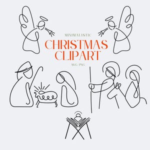 Puede incluir: Clipart navideño minimalista en arte lineal negro. El diseño incluye ángeles, la escena de la Natividad y un pesebre. El texto "Christmas Clipart" es naranja. Adecuado para manualidades y diseños temáticos navideños.