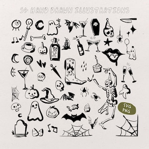 May include: Black and white hand-drawn illustrations of Halloween-themed objects, including ghosts, bats, pumpkins, and a skeleton. The text "54+ HAND DRAWN ILLUSTRATIONS" is at the top. The image also includes the text "SVG PNG".