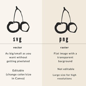 May include: An image comparing SVG and PNG file types, with a black cherry illustration above the text "svg" and "png". The "svg" section describes vector graphics, while the "png" section describes raster graphics.