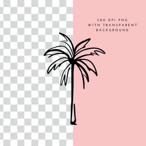 May include: A black and white line drawing of a palm tree with a pink background.