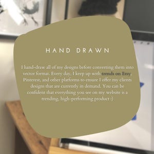May include: A tan-coloured, rounded rectangle with the words "HAND DRAWN" in white. Text below describes the design process, mentioning Etsy and Pinterest. The blurred background shows artwork and a desk, suggesting a creative workspace.
