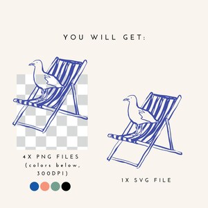 May include: A digital illustration featuring a seagull perched on a blue and white striped deckchair. The image includes the text "YOU WILL GET:" and information about the file types and colours.