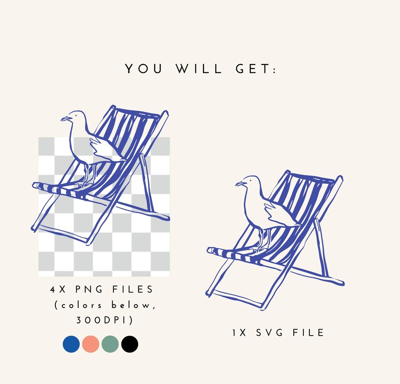 May include: A digital illustration featuring a seagull perched on a blue and white striped deckchair. The image includes the text "YOU WILL GET:" and information about the file types and colours.