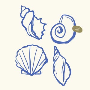 May include: Four blue seashell illustrations on a cream background. The seashells include a spiral, a scallop, and two other unique shapes. The image has a simple, hand-drawn style, with the text "SVG PNG" in the upper right corner.