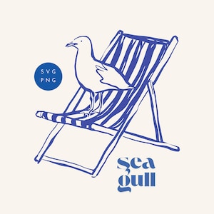 May include: A blue and white illustration of a seagull on a striped deckchair. The words "sea gull" are written in a stylized font below the chair. A blue circle with "SVG PNG" is in the upper left corner.