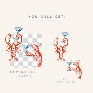 Peut inclure: Illustration de homards orange tenant des verres &agrave; martini bleus. L'image comprend le texte "YOU WILL GET:" et des d&eacute;tails sur les fichiers PNG et SVG.