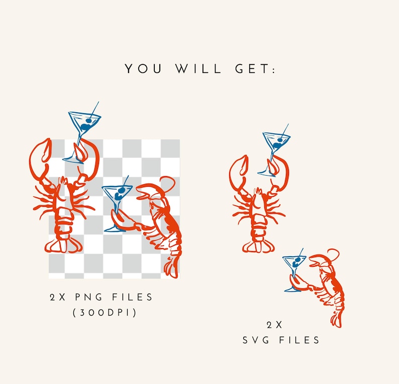 Peut inclure: Illustration de homards orange tenant des verres &agrave; martini bleus. L'image comprend le texte "YOU WILL GET:" et des d&eacute;tails sur les fichiers PNG et SVG.