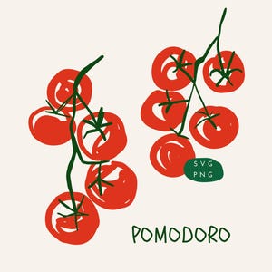 Puede incluir: Ilustración de dos racimos de tomates rojos con tallos y hojas verdes. La palabra "POMODORO" está escrita en verde debajo de los tomates. Un óvalo verde con "SVG PNG" está en la esquina inferior derecha.