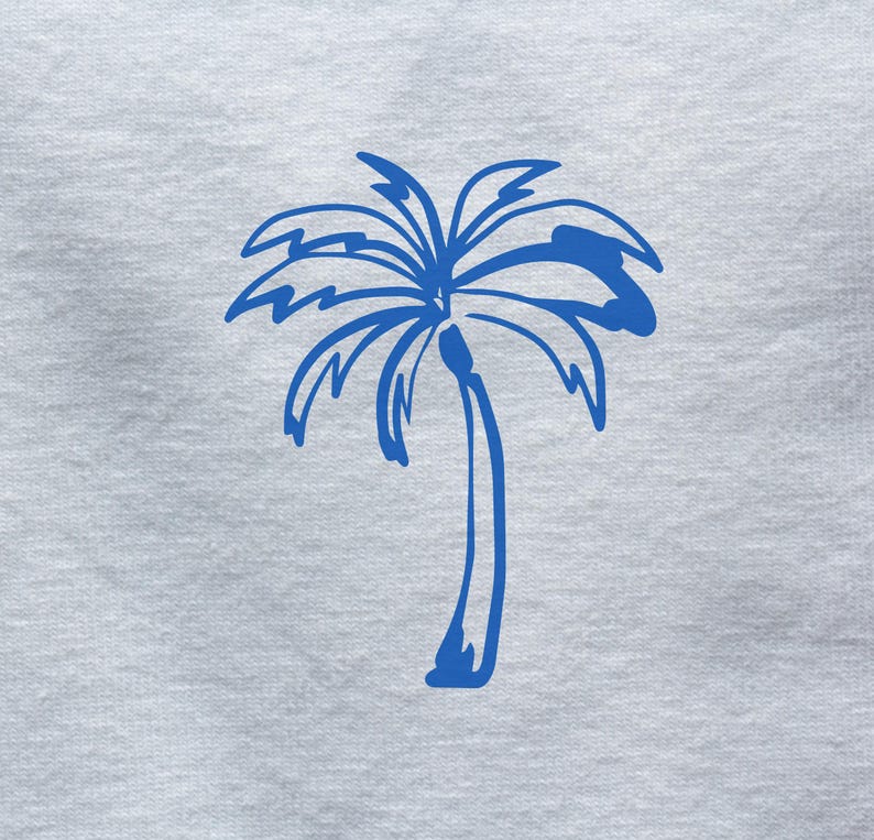 May include: A blue palm tree illustration on a white background.