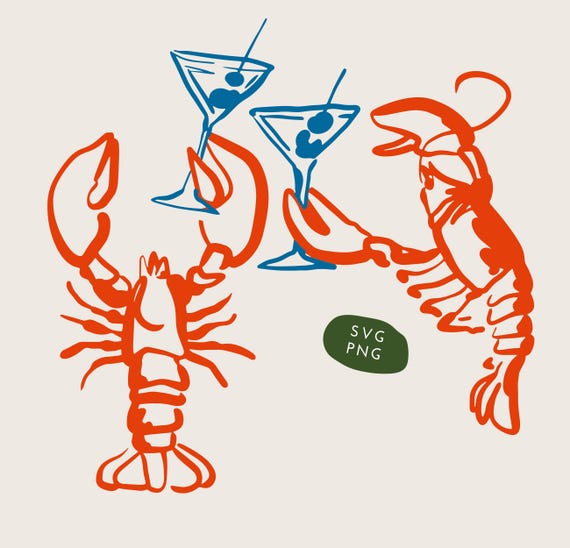 Martini Lobster SVG, Fisherman Aesthetic Sublimation, Lobster SVG, Martini Cocktail, Retro Summer Martini,  Baby Tee Design, Summer PNG Art
