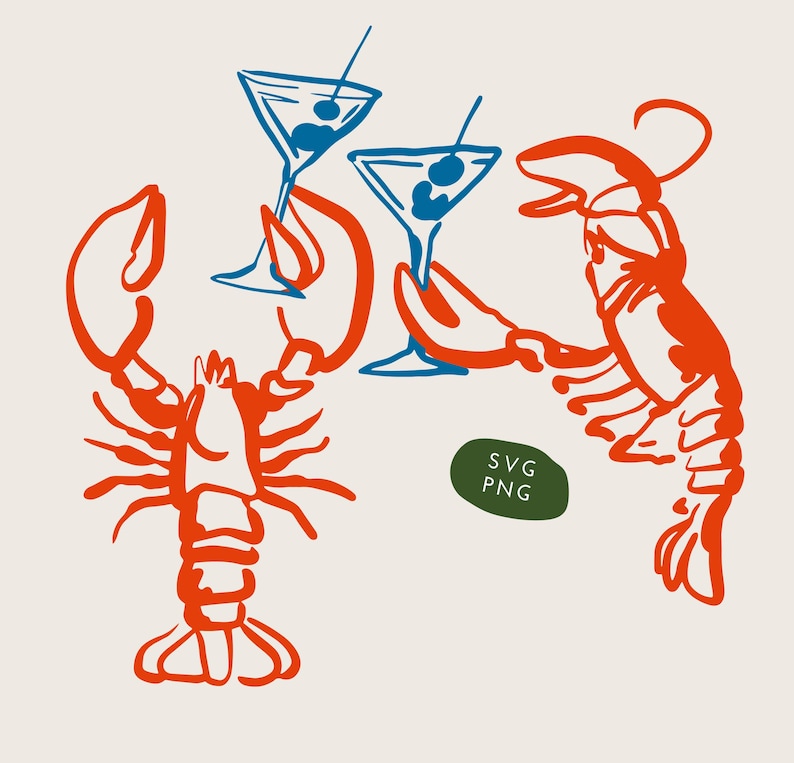 Peut inclure: Illustration minimaliste d'un homard et d'une crevette orange tenant des verres &agrave; martini bleus avec des cerises. Fond cr&egrave;me. Un ovale vert avec le texte "SVG PNG" est &eacute;galement pr&eacute;sent.