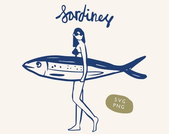 Coastal Girl Illustration, Beachy Boho Sublimation, Digital Coastal Print, Sardine SVG, Ocean Clip Art, Surf  Board PNG, Slow Living DIY