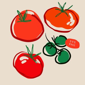 Op de afbeelding: Een illustratie van tomaten en groene stelen op een beige achtergrond. De tomaten zijn rood en oranje met groene stelen. De afbeelding bevat de tekst "SVG PNG" op een kleine oranje vorm.