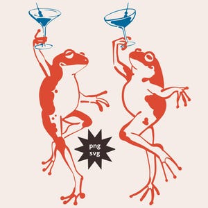 May include: Illustration of two red frogs holding blue cocktails, set against a cream background. The frogs are in a celebratory pose, with one leg raised. A black starburst graphic with "png svg" is also present.