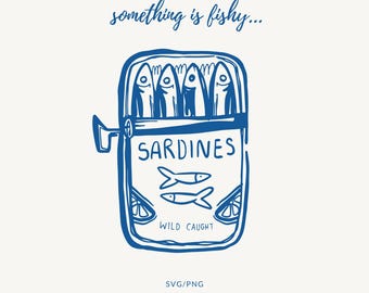 Sardine SVG PNG, Fisherman Aesthetic, Maritime Whimsical Clipart, Hand Drawn Canva Icones, Sardines Can Print, Coastal Coquette Beach