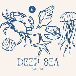 Peut inclure: Un ensemble de six dessins au trait bleus de la vie marine, comprenant un crabe, un coquillage, une étoile de mer, une palourde, un coquillage et une méduse. Le texte "DEEP SEA" est écrit sous les dessins, avec le texte "SVG, PNG" en dessous.
