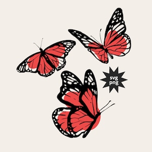 May include: Three stylized butterflies with red wings and black and white details are depicted against a cream background. The butterflies are in various positions, with one partially obscured. A black starburst graphic with "svg png" text is also present.