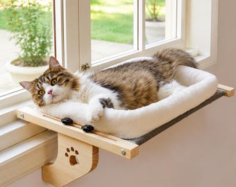 Perchoir réglable en bois pour fenêtre pour chat, hamac en polaire douce, motif empreinte de patte, lit de salon confortable