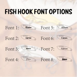 May include: Image displaying eight fish hook designs with different font options. Each hook features a unique name: Foster, Harold, Marcel, Nelson, Alban, Conan, Fabian, and Gerald. The text "FISH HOOK FONT OPTIONS" is at the top.