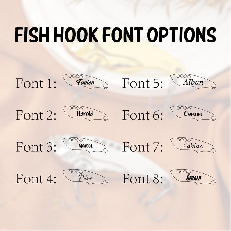 May include: Image displaying eight fish hook designs with different font options. Each hook features a unique name: Foster, Harold, Marcel, Nelson, Alban, Conan, Fabian, and Gerald. The text "FISH HOOK FONT OPTIONS" is at the top.