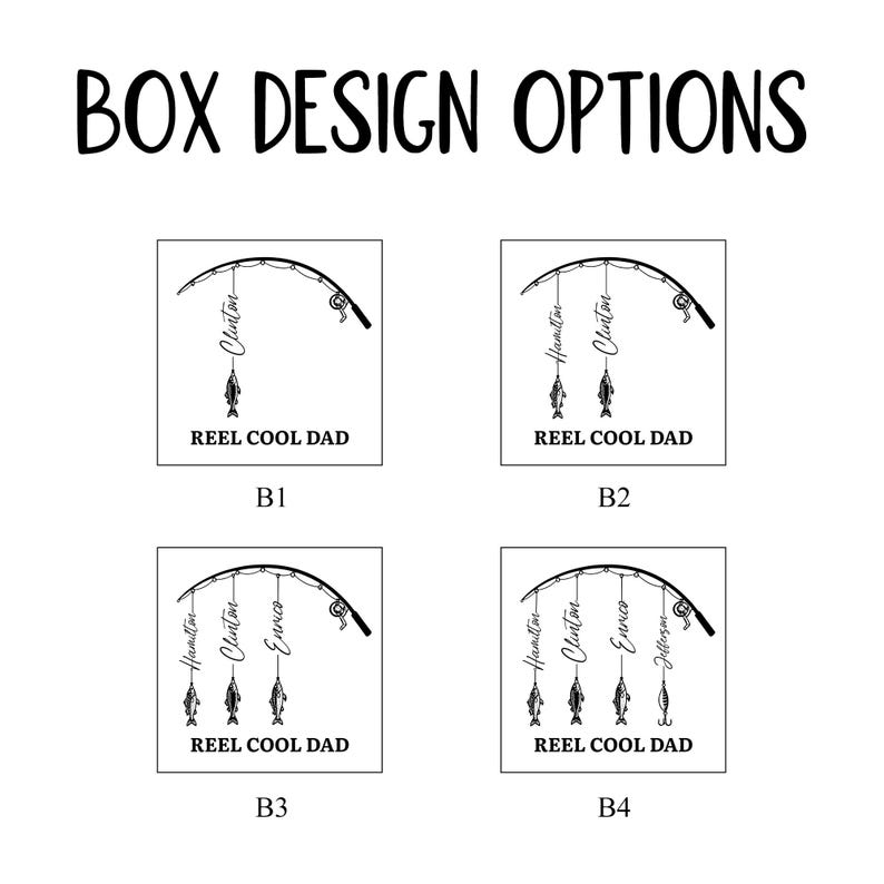 May include: Black and white design options for a box, featuring fishing rod illustrations. Each design includes the text "REEL COOL DAD" and names hanging from the fishing line. The designs are labeled B1, B2, B3, and B4.