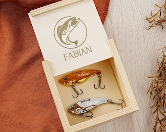 Set de regalo personalizado de señuelos de pesca grabados con caja personalizada, regalos de pesca, regalos para el Día del Padre, regalos de jubilación para pescadores, regalo personalizado para pescadores