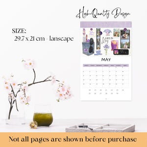 Puede incluir: Un calendario con un dise&ntilde;o morado y blanco, con el mes de mayo. El calendario incluye el texto "High-Quality Design" y "SIZE: 29.7 x 21 cm - lanscape". El calendario tiene un collage de im&aacute;genes y texto.