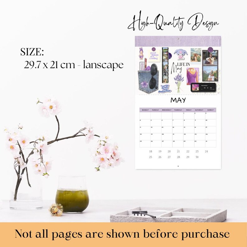 Puede incluir: Un calendario con un dise&ntilde;o morado y blanco, con el mes de mayo. El calendario incluye el texto "High-Quality Design" y "SIZE: 29.7 x 21 cm - lanscape". El calendario tiene un collage de im&aacute;genes y texto.