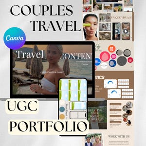 May include: A digital marketing portfolio with the text "Couples Travel" and "UGC Portfolio." The image includes a laptop displaying travel content, a smartphone with a mood board, and various visual examples. The Canva logo is visible.