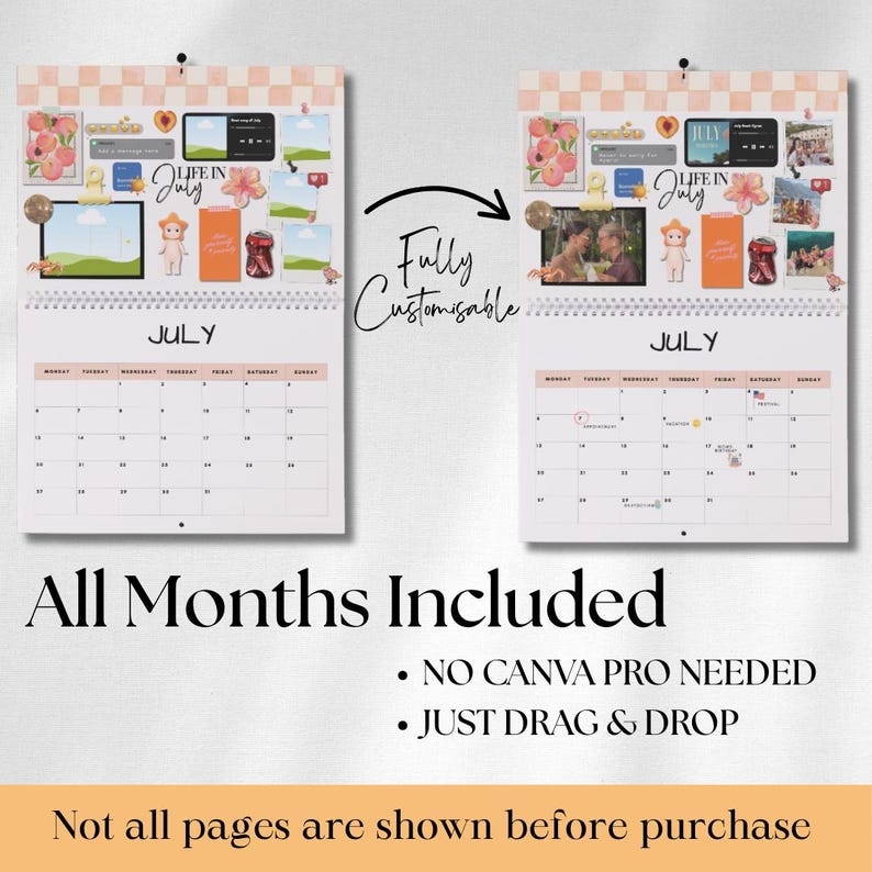 Puede incluir: Dos calendarios de julio personalizables con un borde superior a cuadros melocot&oacute;n y rosa. Los calendarios tienen una encuadernaci&oacute;n en espiral e incluyen el texto "LIFE IN July". Tambi&eacute;n est&aacute; presente el texto "Fully Customisable". La parte inferior de la imagen dice "All Months Included".