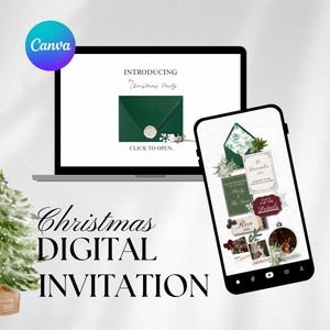 Puede incluir: Diseño de invitación digital de Navidad que se muestra en una computadora portátil y un teléfono inteligente. La pantalla de la computadora portátil muestra un sobre verde con un sello de cera. El teléfono inteligente muestra los detalles de la invitación.