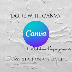Puede incluir: Fondo blanco texturizado con el texto "DONE WITH CANVA" en la parte superior. Un c&iacute;rculo degradado azul y turquesa con la palabra "Canva" en blanco est&aacute; en el centro. Debajo del c&iacute;rculo est&aacute; "& Mikko Magazines" y "EASY & FAST ON ANY DEVICE".