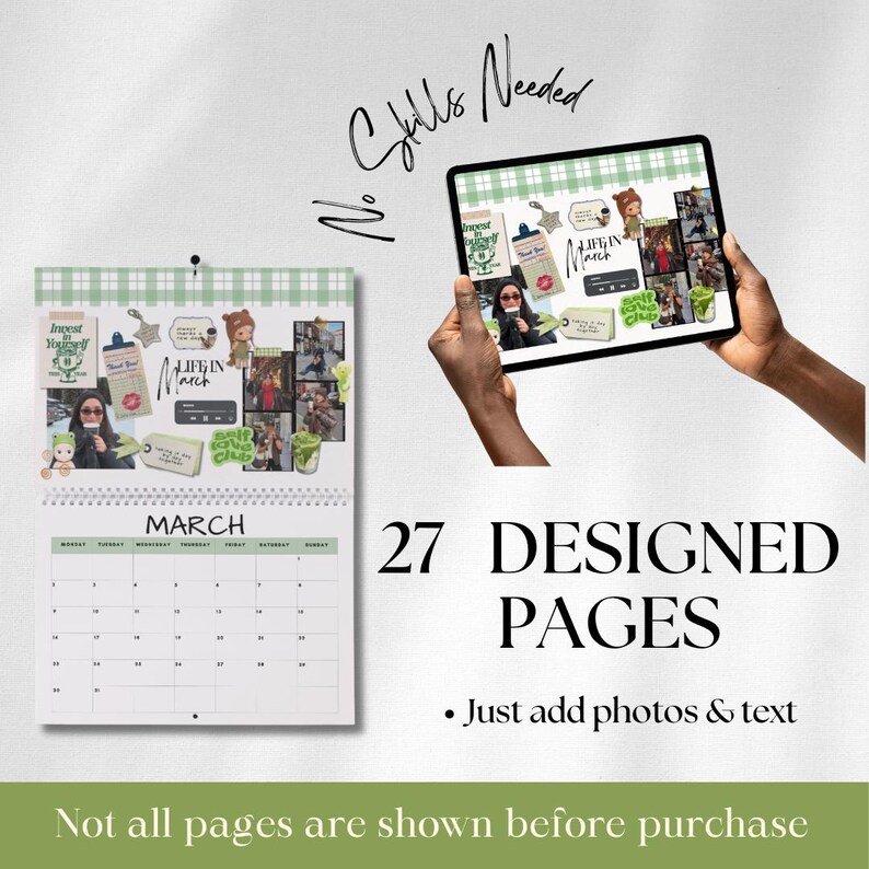 Puede incluir: Un calendario y una tableta que muestran un dise&ntilde;o de calendario digital. El calendario presenta una p&aacute;gina de marzo con un borde de cuadros verdes y blancos. La tableta muestra un dise&ntilde;o similar con fotos y texto. El texto de la imagen dice "27 p&aacute;ginas dise&ntilde;adas" y "Solo agrega fotos y texto".