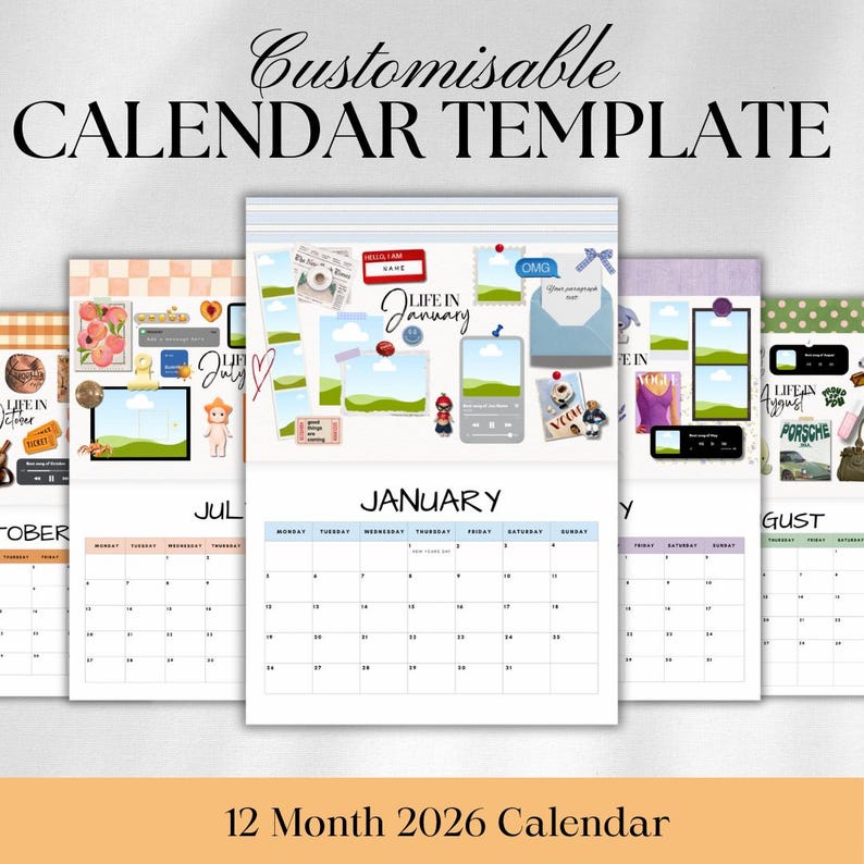 Puede incluir: Una plantilla de calendario personalizable de 12 meses para 2026. El calendario presenta un fondo blanco con varios dise&ntilde;os mensuales, cada uno con elementos decorativos como fotos, pegatinas y texto. La palabra "Enero" es visible, junto con el texto "Customisable CALENDAR TEMPLATE".