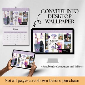 Puede incluir: Un calendario y un dise&ntilde;o de fondo de pantalla digital con tema de lavanda. El calendario muestra el mes de mayo. El fondo de pantalla digital se muestra en un monitor de computadora y una tableta. El texto incluye "Life in May" y "Convertir en fondo de pantalla".