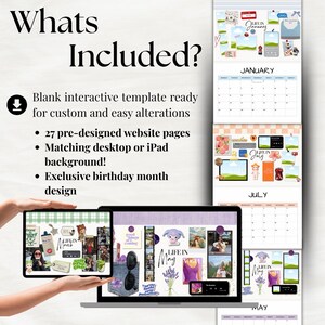 Puede incluir: Una plantilla de dise&ntilde;o digital que se muestra en una computadora port&aacute;til y una tableta, que muestra p&aacute;ginas web y un calendario. El texto "Whats Included?" y una lista de funciones son visibles. El dise&ntilde;o incluye el texto "LIFE IN January", "LIFE IN May" y "LIFE IN July".