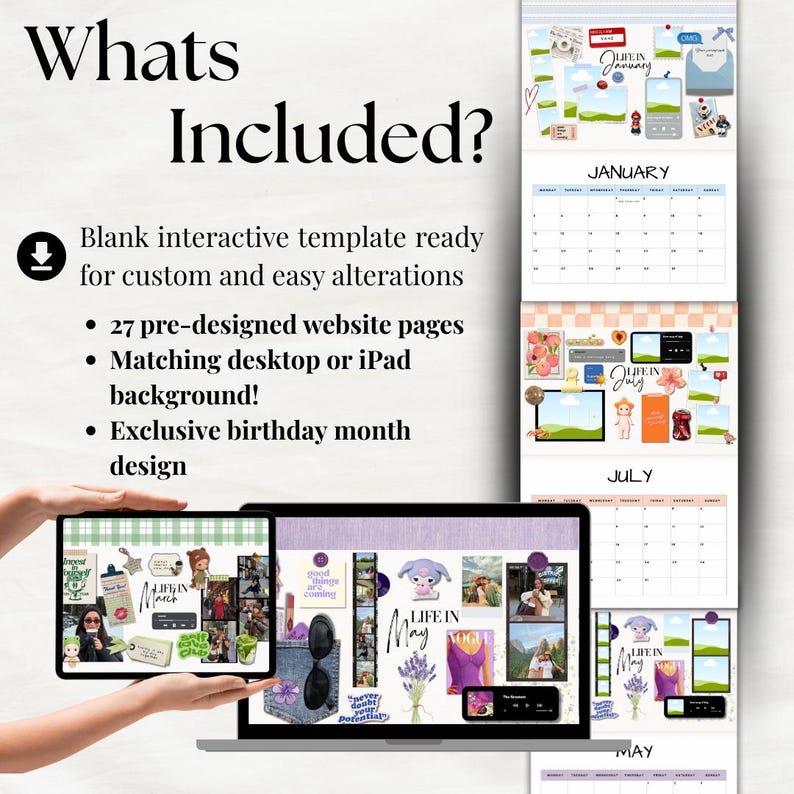 Puede incluir: Una plantilla de dise&ntilde;o digital que se muestra en una computadora port&aacute;til y una tableta, que muestra p&aacute;ginas web y un calendario. El texto "Whats Included?" y una lista de funciones son visibles. El dise&ntilde;o incluye el texto "LIFE IN January", "LIFE IN May" y "LIFE IN July".