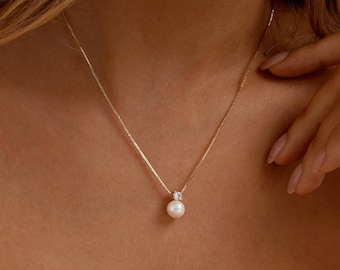 Freshwater Pearl Necklace with Diamond, Dainty Pearl Necklace, Pearl Bridal Necklace, Wedding Jewelry, Bridesmaid Gifts, Mom Gifts for Her