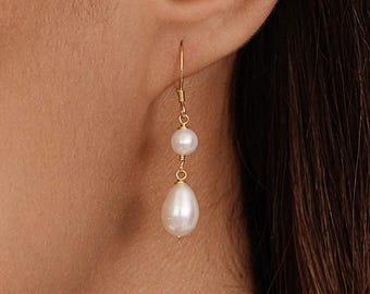 Natural Freshwater Pearl Earrings, Double Pearl Drop Earrings, Pearl Wedding Earrings, Bridal Earrings, Bridesmaid Gifts, Mom Gifts for Her