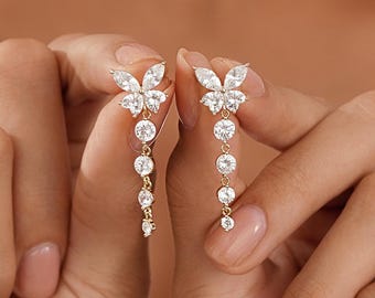 Pendientes colgantes de mariposa con diamantes, pendientes de mariposa con circonitas cúbicas, pendientes colgantes, pendientes de diamantes para bodas, regalos para damas de honor, regalos para mamá.